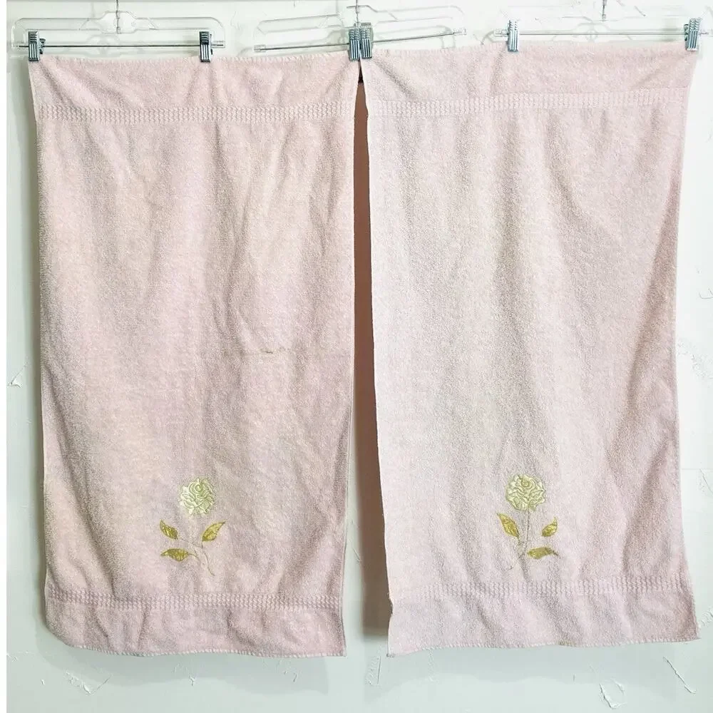 Cannon Bath Body Hand Towel Set Vintage Pink Floral Appliqué Gold Rose USA Flowe